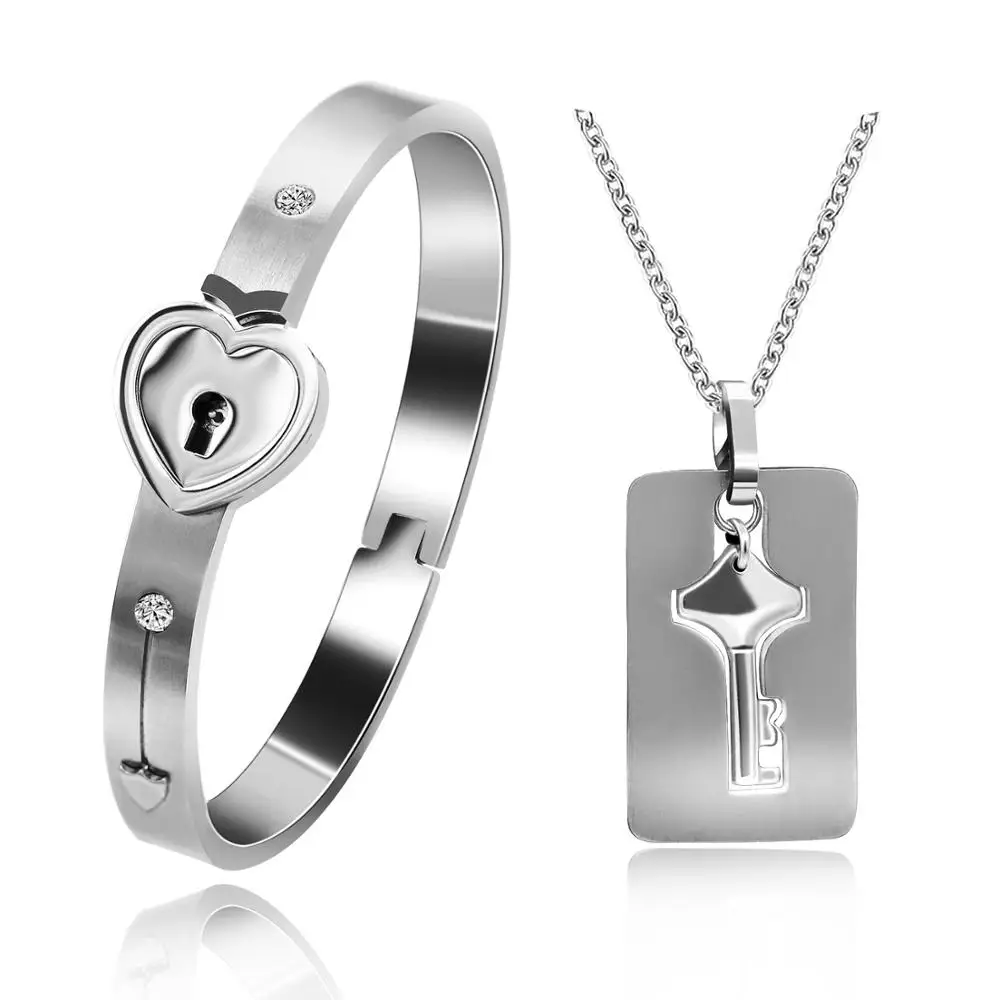 USPS Dropship His and Her Matching Set Couple Titanium Key Bangle Bracelet and Lock Heart Necklace Set for Girlfriend SN300