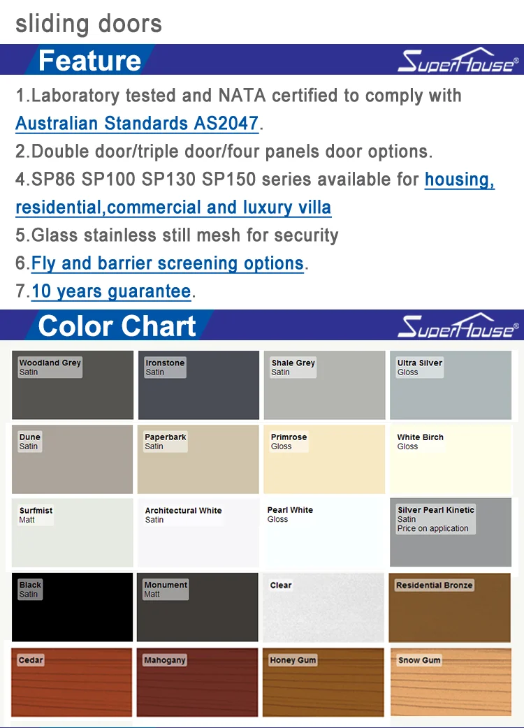 Superhouse Australia AS2047 AS2208 Standard Aluminium windows and doors Tinted glass sliding Door