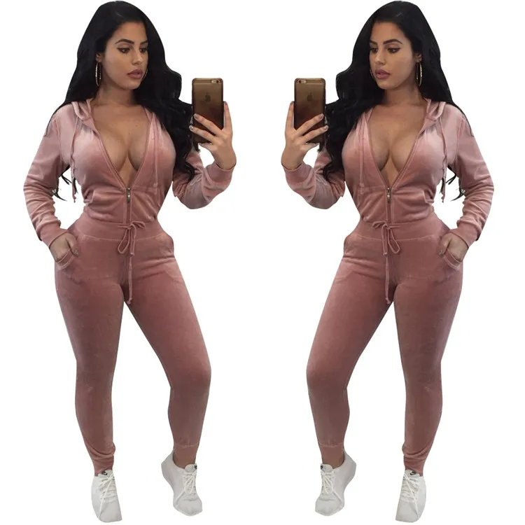 
Custom Logo Hign Quality Long Sleeve V-neck Velour Tracksuit For Women 