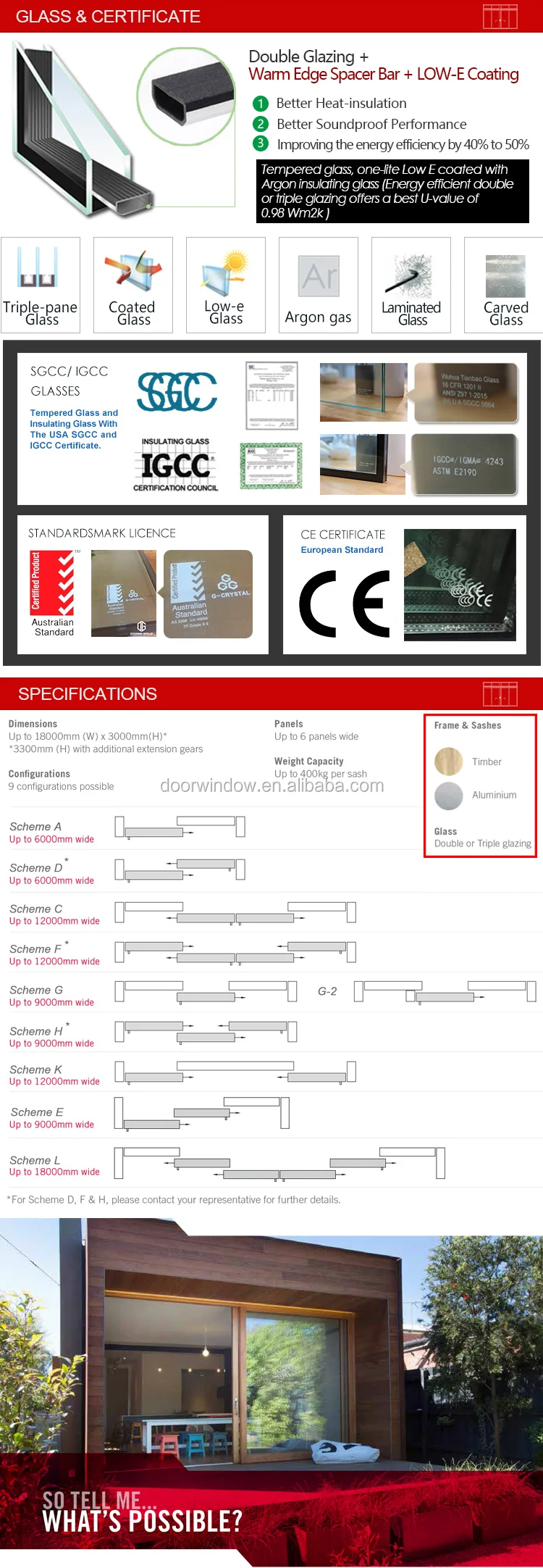 High end customize wooden sliding door with 6 glass panels by CE certified