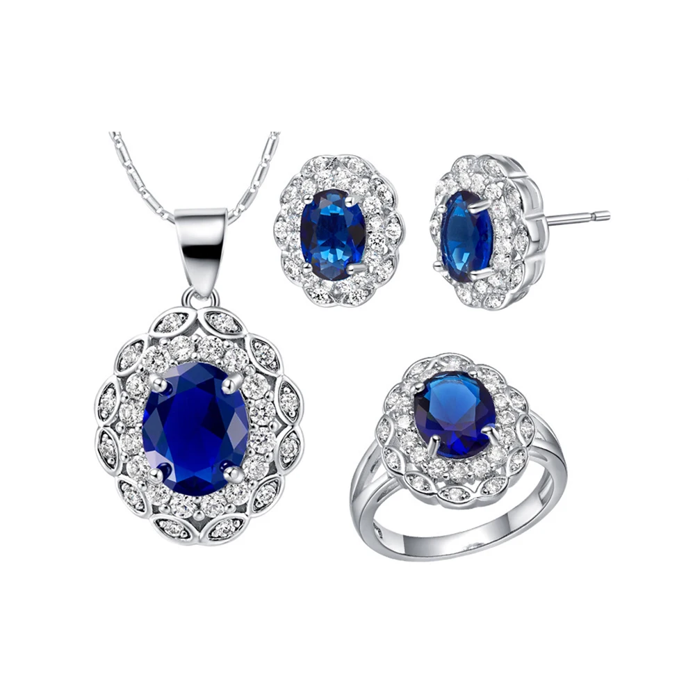 

Jewelry set earrings and necklace zircon Flower Cluster Design silver luxury bridal jewelry set Yiwu wholesale, Aaa blue zircon
