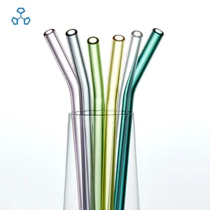 Image of BPA Free Reusable Borosilicate Bent Color pyrex glass drinking straw set