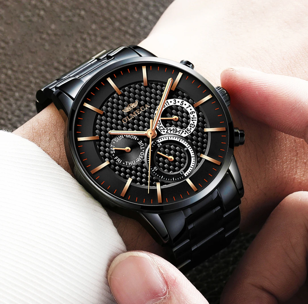 时尚男士手表豪华黑色石英腕表夜光指针与合金表带计时拉尔夫乔男性