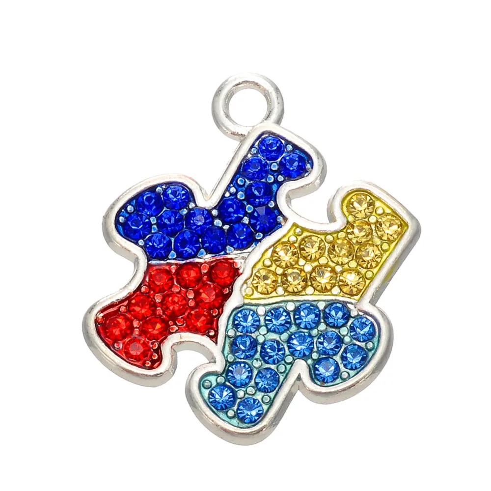 

Silver Tone Colorful Crystal Puzzle Piece Shape Autism Awareness Charm