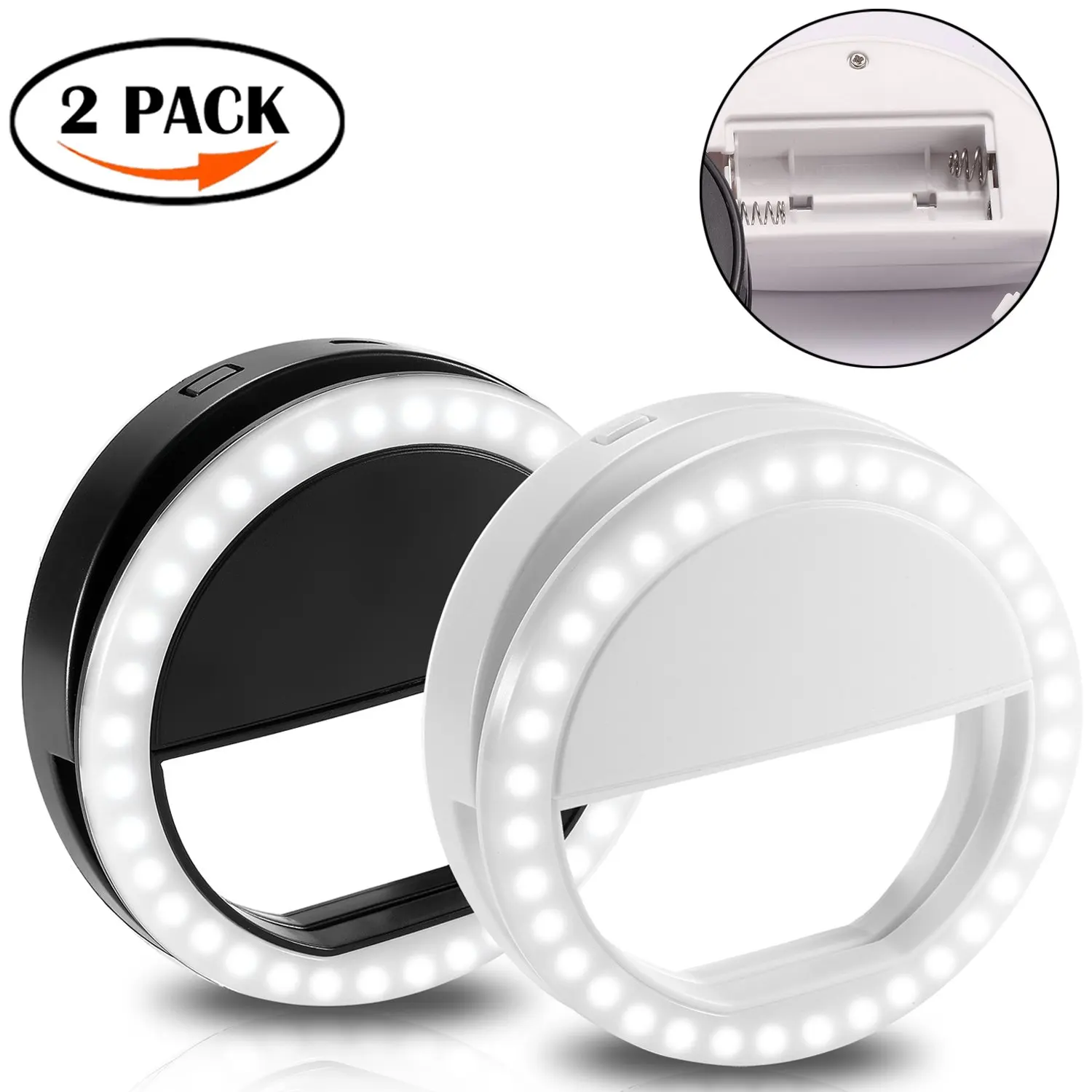 Selfie Ring Light for Camera Clip Style, 2 Pack Rechargeable 36 Chips LED Selfie Camera Light, for iPhone, ipad, Samsung Galaxy, Other Photography Smartphone, Black & White