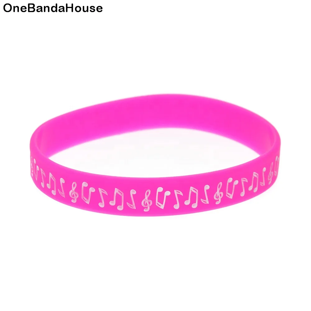 

50PC Ink Filled Logo Fashion Bracelet Music Note Silicone Wristband, Black;white;blue;pink;rainbow colour