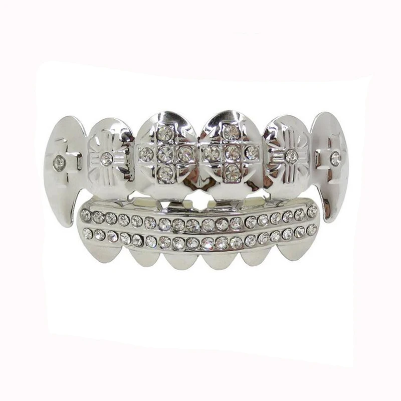 

Blues RTS Hip Hop Real Gold Plated clear stones vampire fang Teeth Grillz TG019-S, Silver, gold, hematite, rose gold and so on.