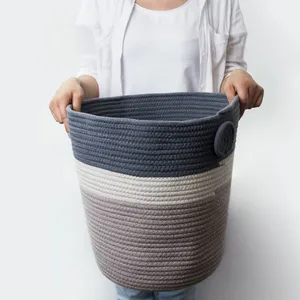 Image of Wholesales Amazon large big eco friendly storage tall woven cotton rope decorative laundry basket with handles
