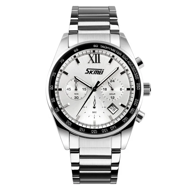 

skmei 9096 factory new arrival origin fashion waterproof stainless steel band chronograph date sports quartz movt men's watch