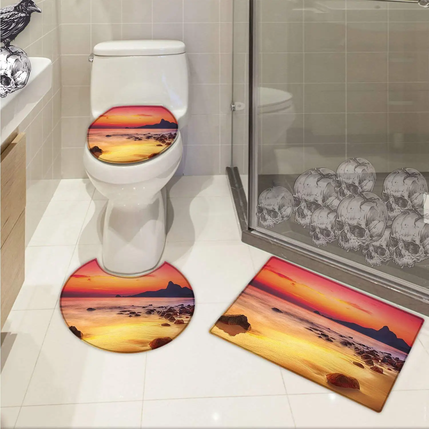 Ocean 3 Piece Toilet lid cover mat set Digital Photo of Mystical Sunrise over the Sea with Stones and Cliffs Idyllic Spot Printed Orange Yellow