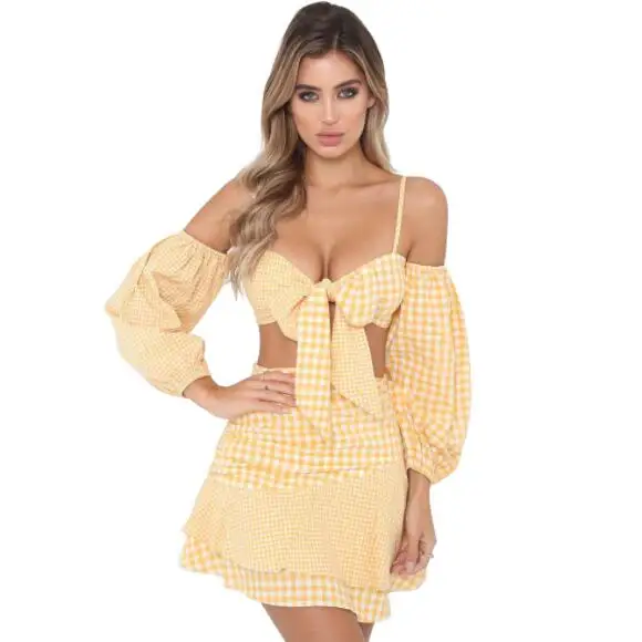 

Chiffon plaid two piece set women clothing off-the-shoulder puff sleeve top beach dress, N/a