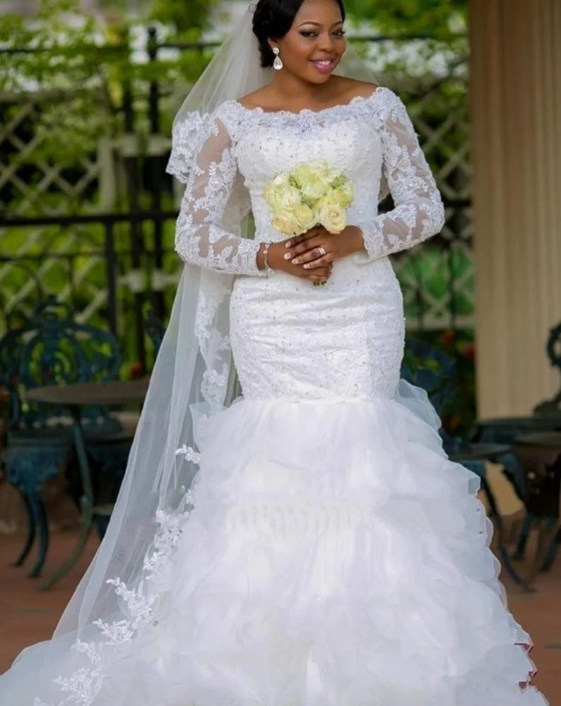 

NE185 African Mermaid Wedding Dress With Ruffles Skirt Lace Beading Plus Size Long Sleeves Court Train Formal Bride Bridal Gowns, Default or custom