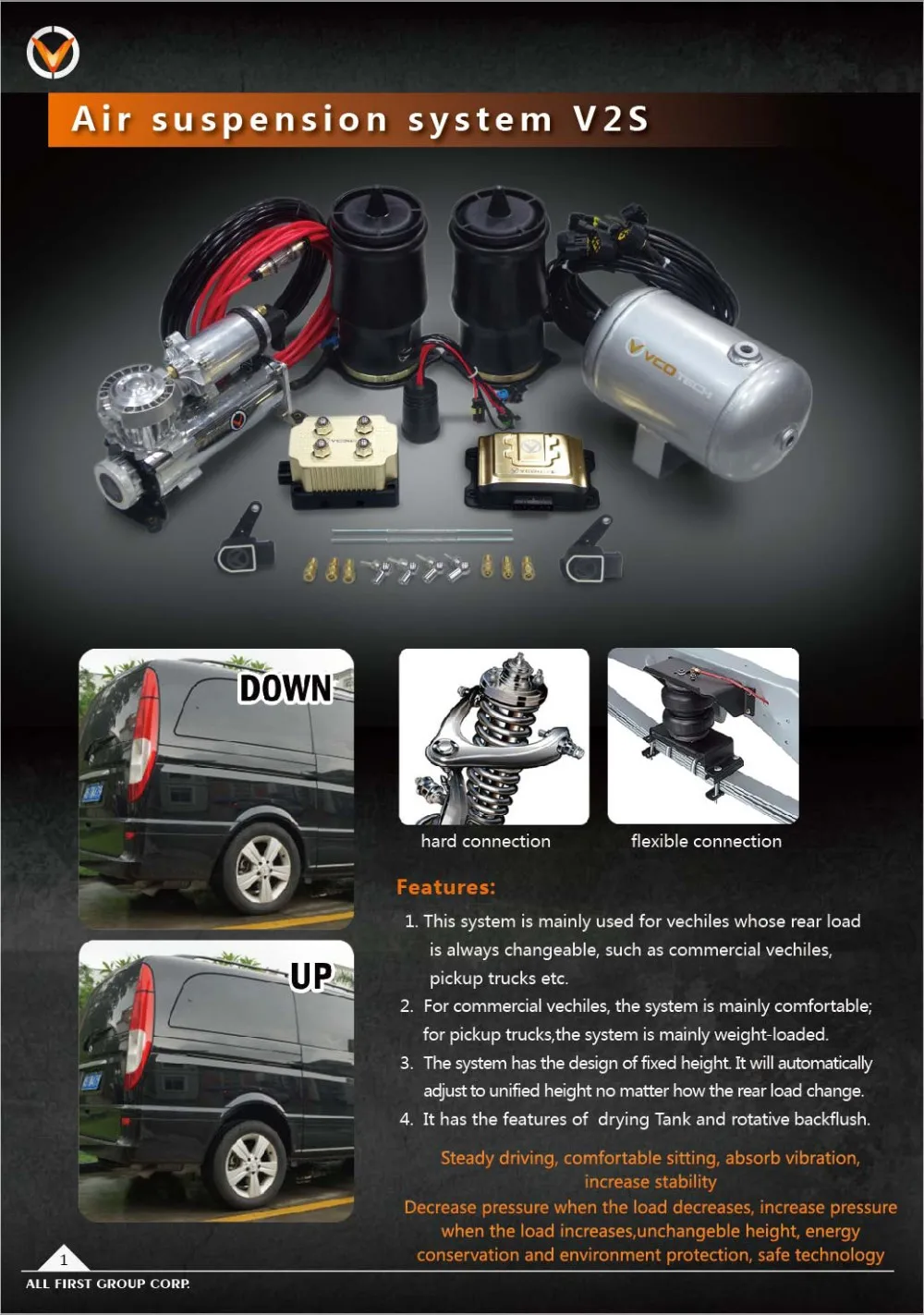 Auto parts adjustable vcotech air suspension, air suspension kits for