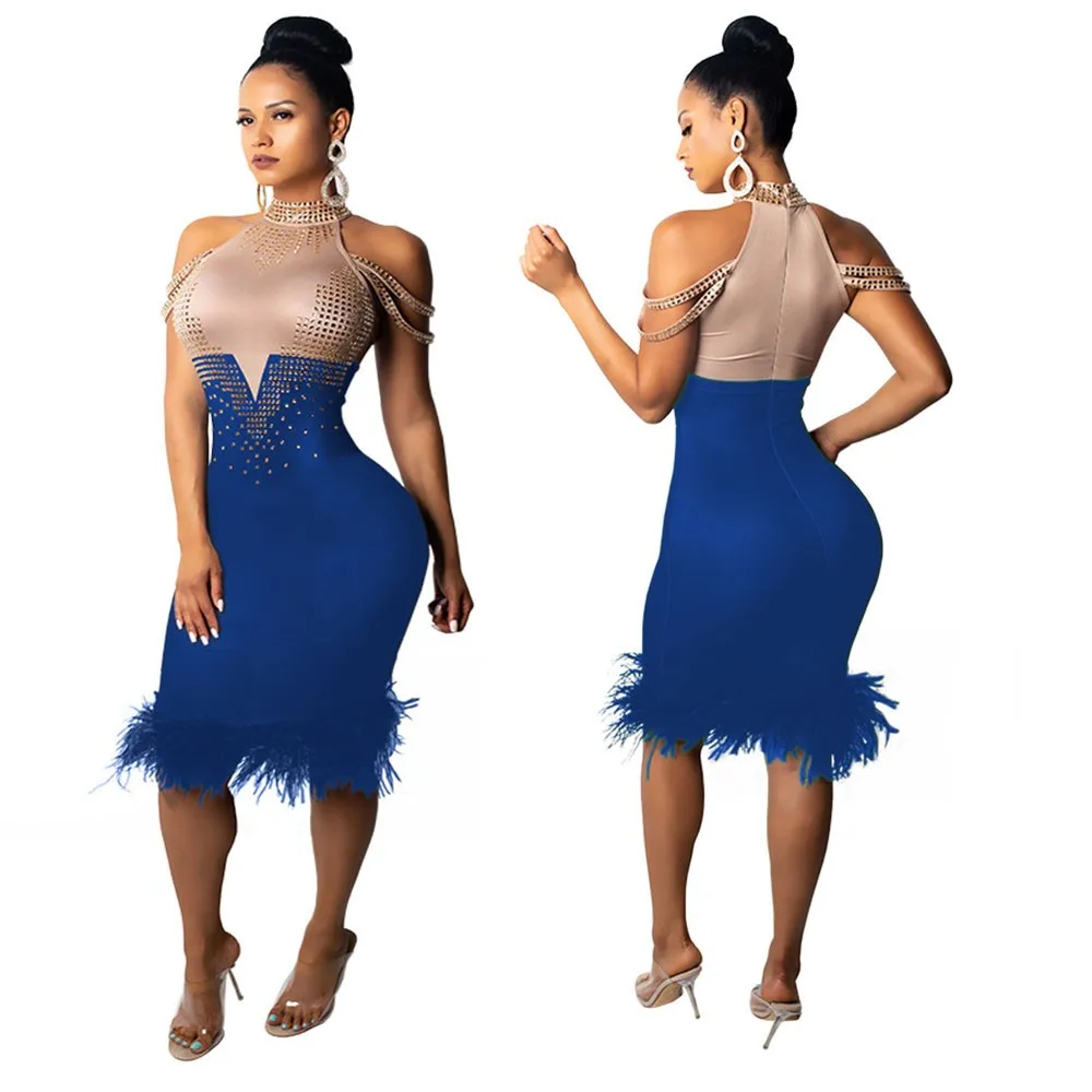 3 Colors Hot Drilling High Neck Sexy Ladies Night Club Bodycon Dress