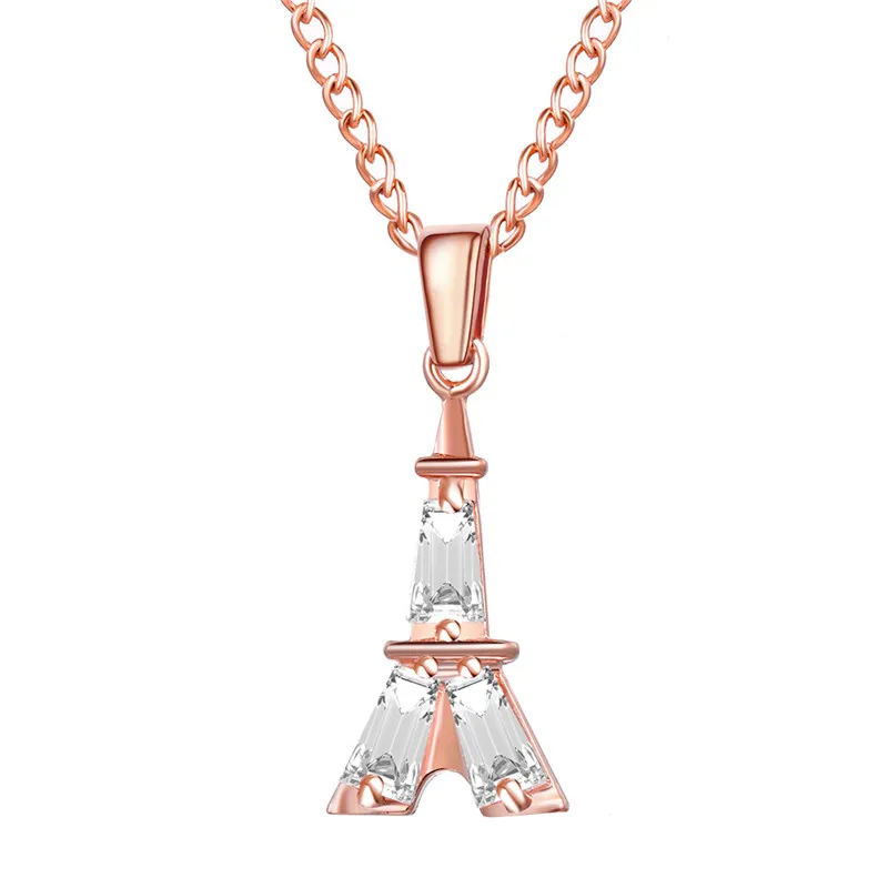 

Fashion Rose Gold Color Crystal Eiffel Tower Necklaces Women Cubic Zirconia Romantic Charm Pendant Necklace NS11182