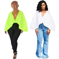 

White Crop Wrap Belted Pleated Bell Sleeve Plain Slim Fit Blouse Women 2019 Spring V Neck Flounce Sleeve Top Blouses