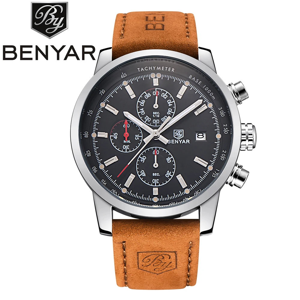 

BENYAR Brand Chronograph Sport genuine leather strap Men japan movement Quartz Watches, As the picture