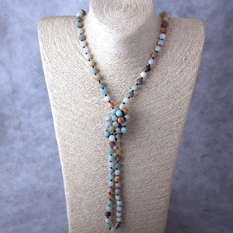 

Fashion Women Necklace 8mm Knotted long Double wrap Natural Frost Amazonite Stone necklace, Matt