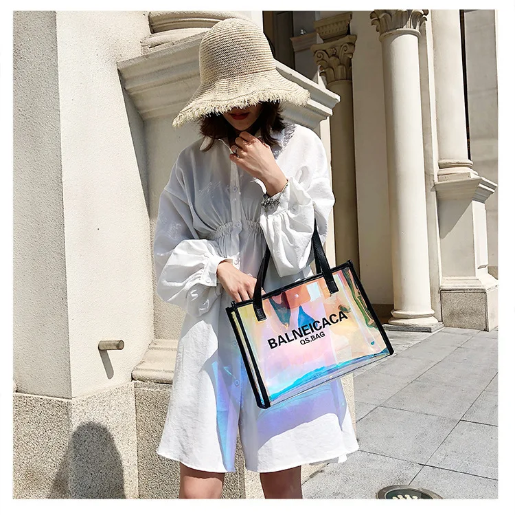 

Custom LOGO transparent PVC tote bag holographic women clear summer tote handbags, Multicolor