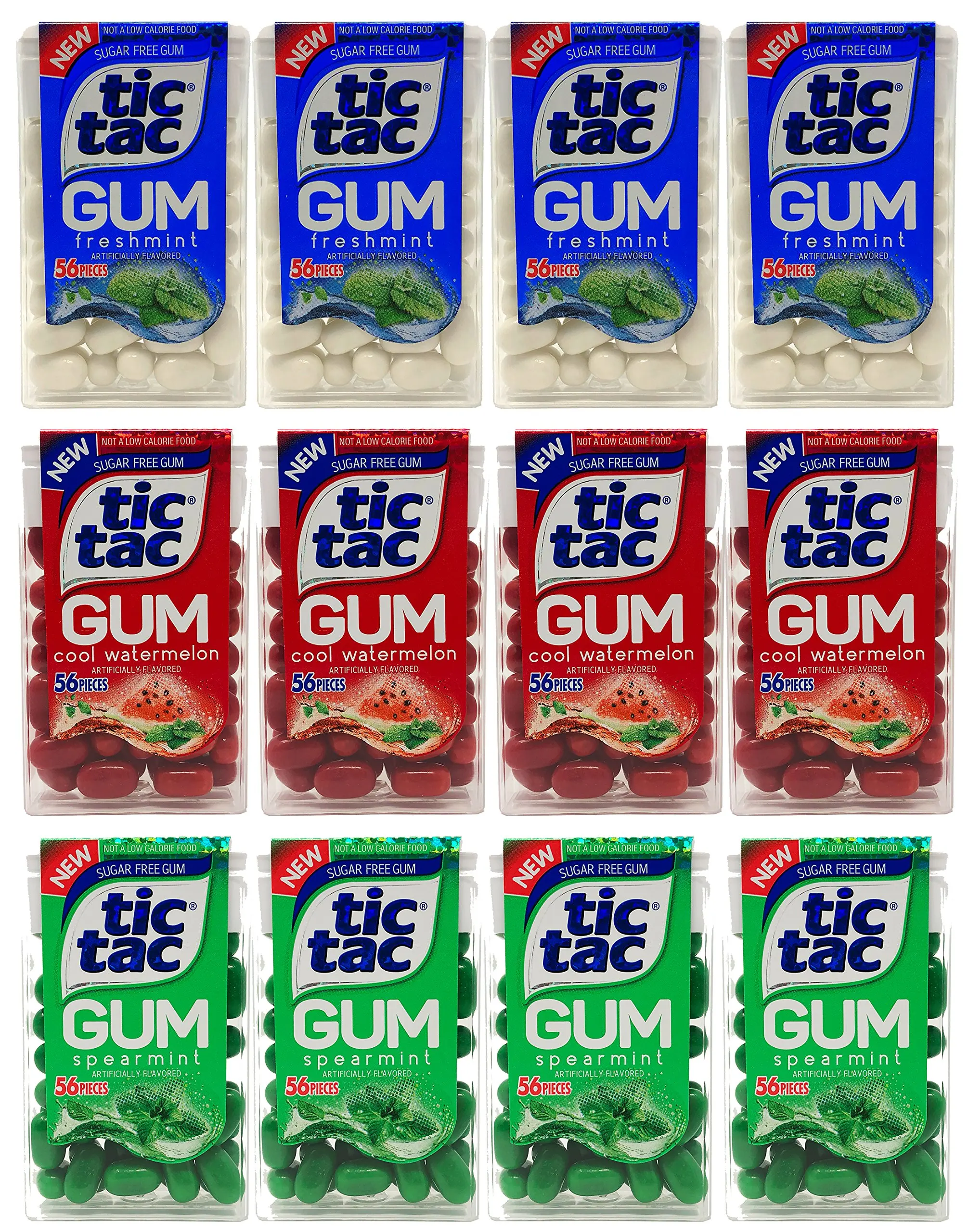 Tic Tac Gum Variety Pack - Fresh Mint, Spearmint, & Cool Watermelon Sugar Free Gum (56 Pieces Per Pack) (12 Pack)
