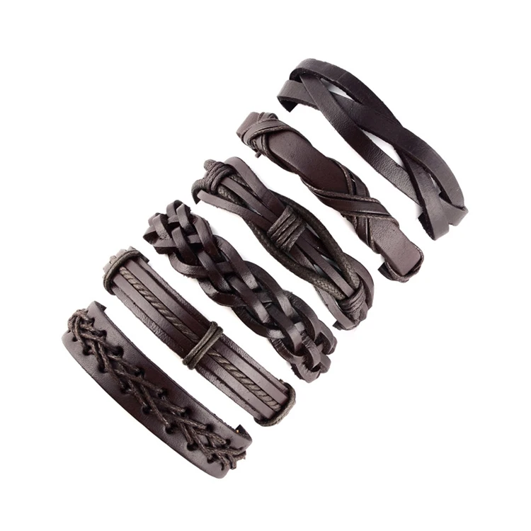 6pcs/pack Leisure Fashion Men's Hand-woven Leather Bracelet Multilayer Bracelet