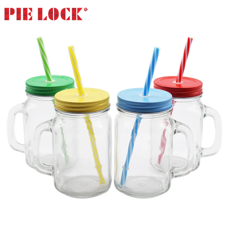 Mason Jar with Glass Handles and plastic Straws / Glass mason jar Set of 4