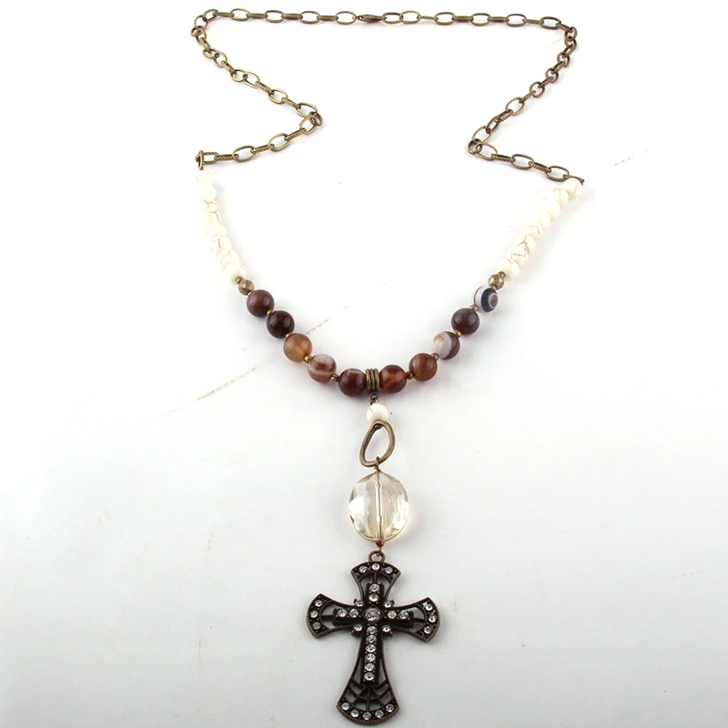 

Fashion Women Ethnic Necklace Bronze Chain Natural gemstone & Crystal Glass link Long Metal Cross Pendant Necklace Dropship, Different