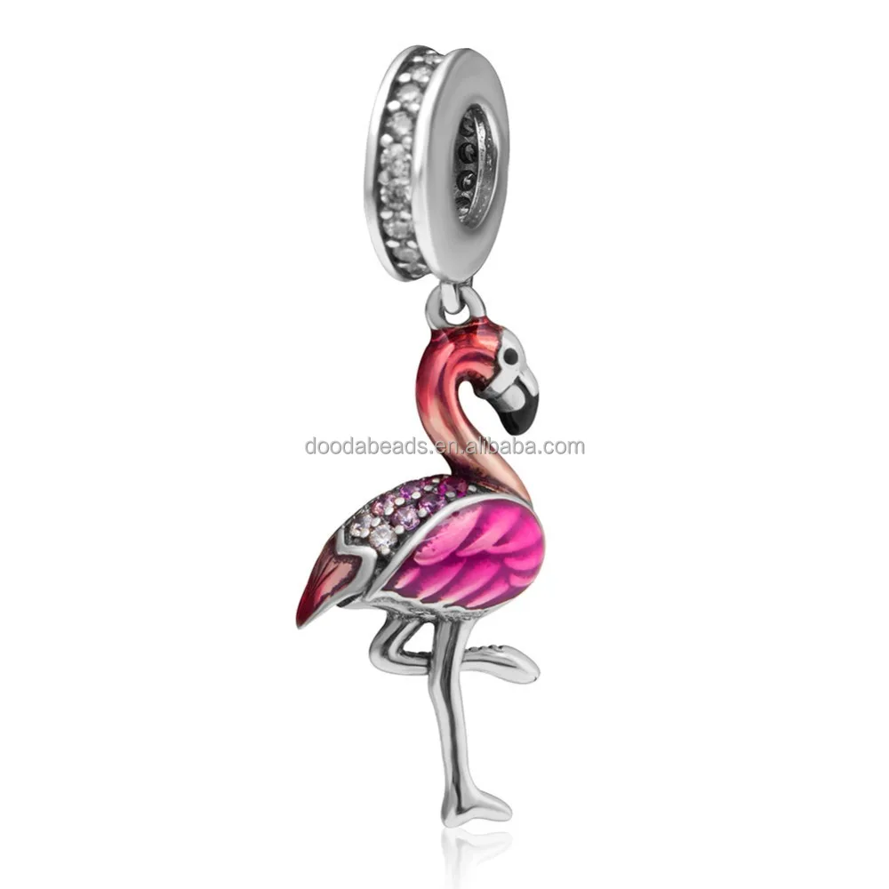 

925 Sterling Silver Enamel Dangle Flamingo Dance Charms Pendant for Necklace