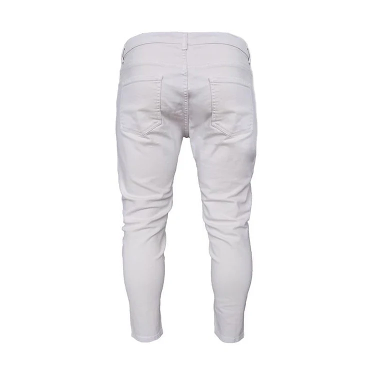 Guangzhou Fast Delivery Cheap Men's trousers with holes in zipper white jeans