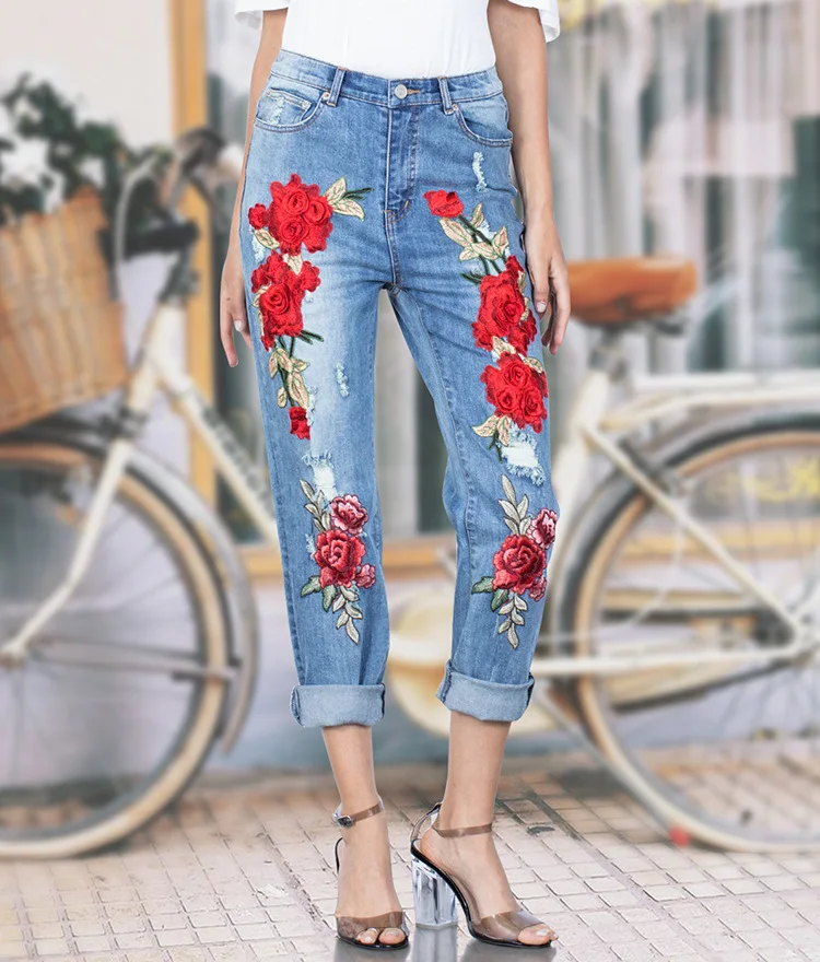 

Female Elastic Loose Jeans Colored Flowers Embroidery Ripped Trousers, As picture