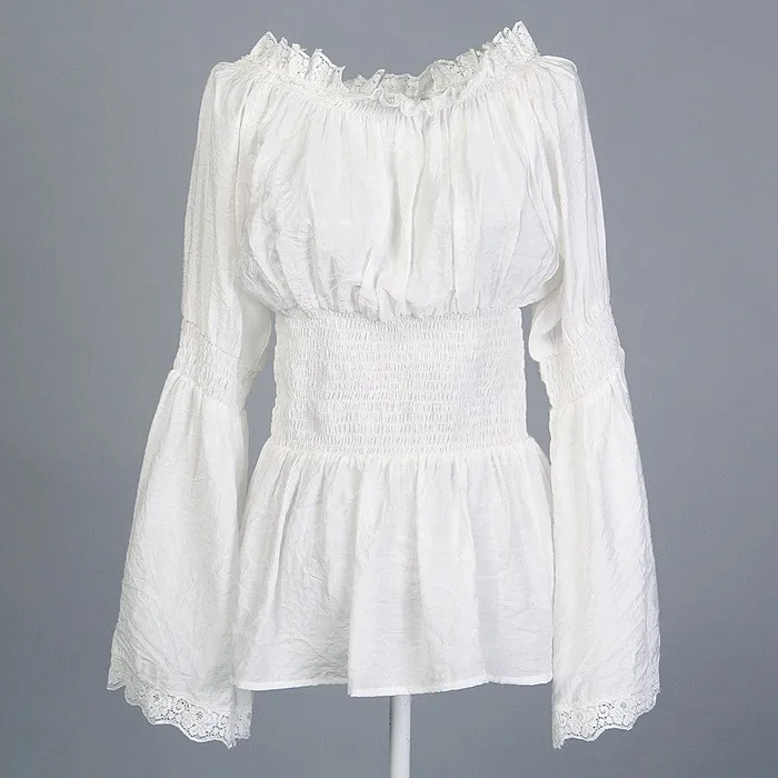 White Lace Cotton Womens Peasant Shirt Blouse Retro Vintage Design Semi Sheer