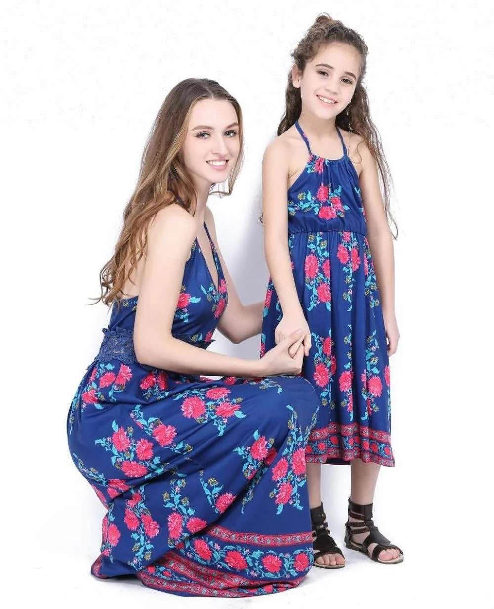 

MS-177 2018 Summer the fashionable mother and daughter's Condole belt long dress, printed beach suit parent-child s, Blue