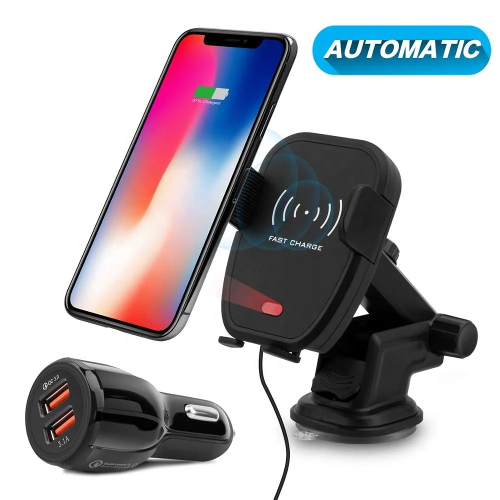 

10W QI Certified Automatic Clamping Fast Car Wireless Charger Windshield Dashboard Air Vent Phone Holder For Qi Enabled Phone, Black