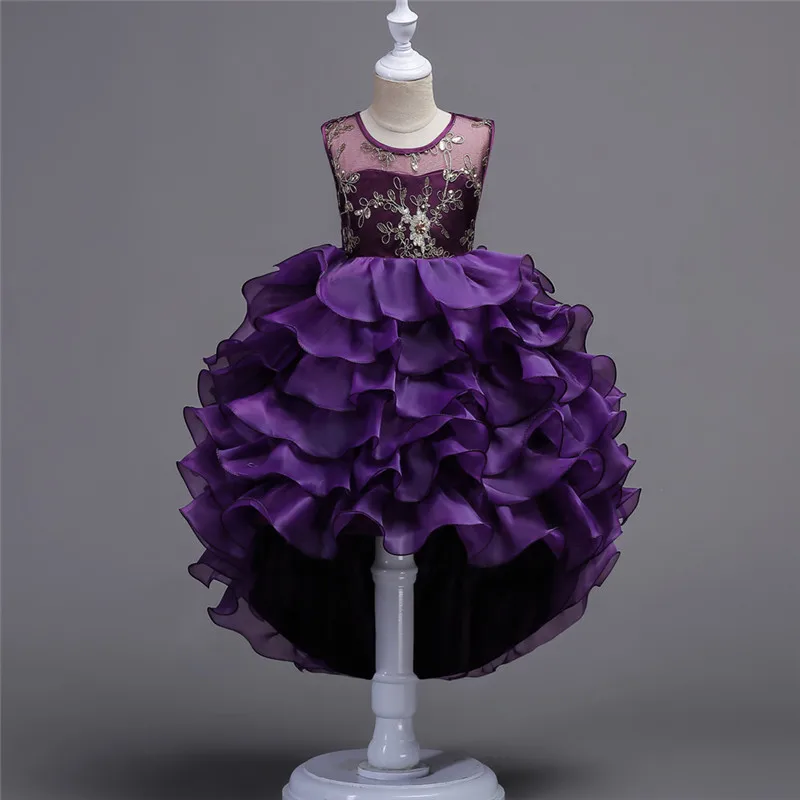 

Factory Wholesale lace Girls Party Dress,New Model Flower Girl Dresses With Long Tailed Short Front Long Back Skirts MLD102, Dark purple/dark blue/green/grey