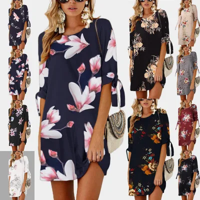 

Coldker Elegant Party Dress Plus Size Women Clothing Half Sleeve Straight Floral Printed Dress Summer Dress Female, As shown on picture