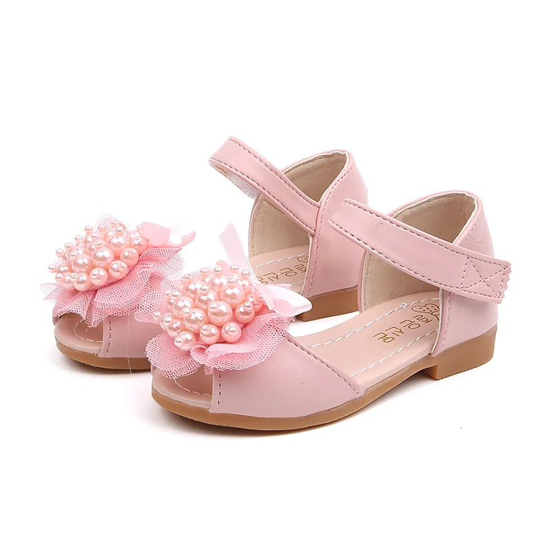 

Hot selling pearl design summer princess kids shoes children girls, White/pink