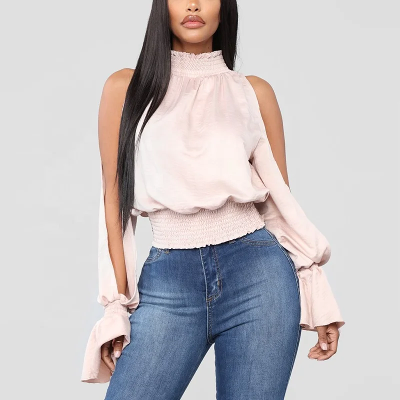 

2019 Women Clothing Smocked Sleeve Slit High Neck Top For Women, Nude/customized