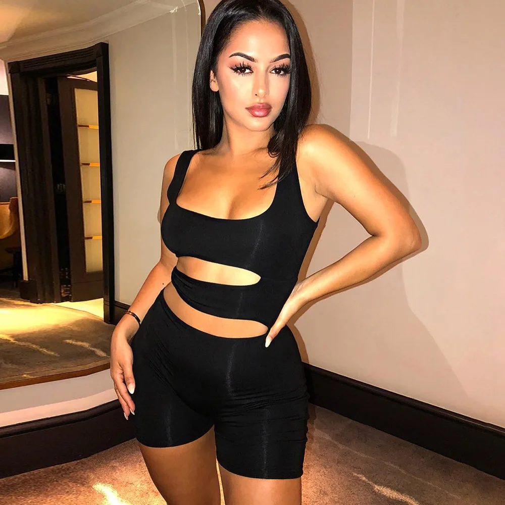 

Sexy Cutout Black Jumpsuit Shorts Sleeveless Bodycon Romper Women One Piece Summer Playsuits 2019 Streetwear, N/a