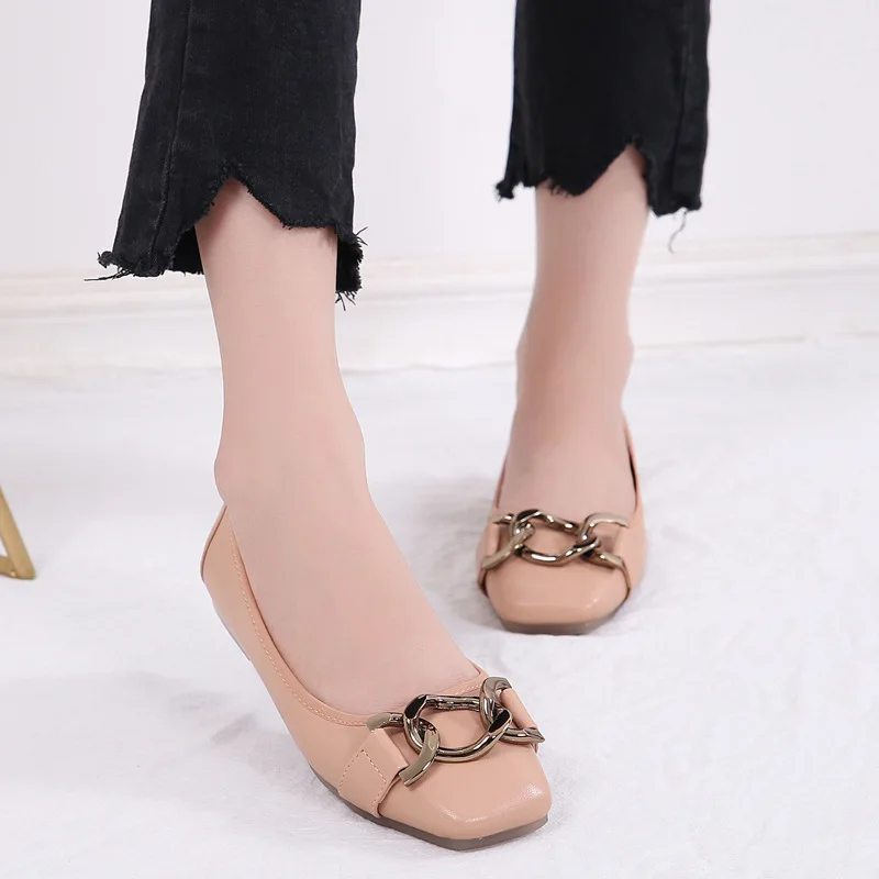 

Women's shoes spring shallow mouth peas shoes female 2019 new metal buckle square head black work shoes, Black, pink