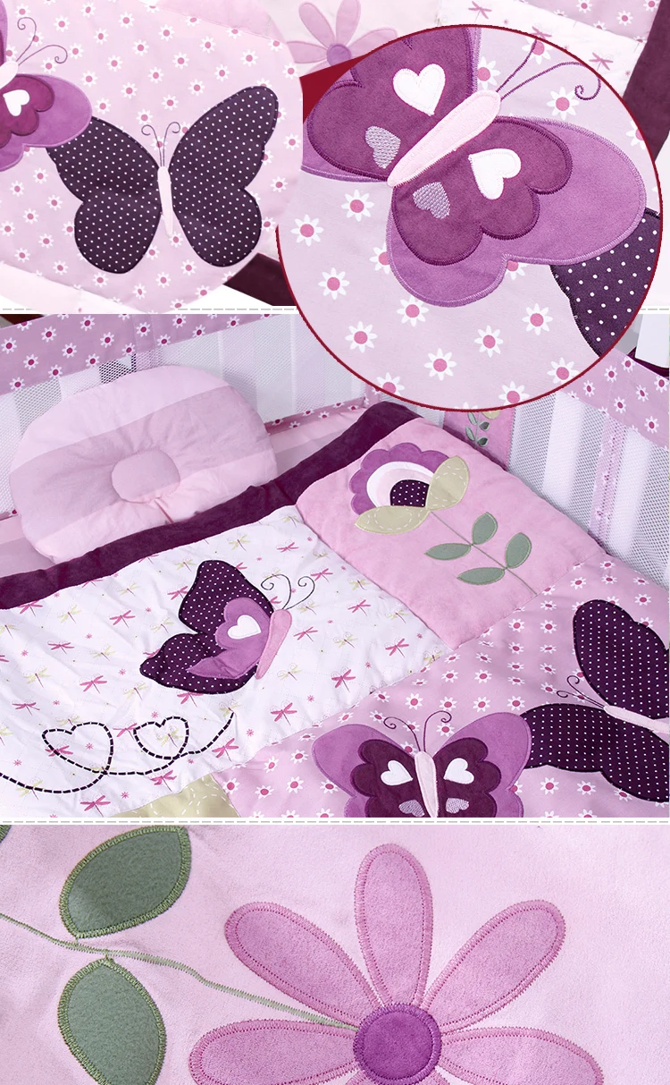 Питомник аксессуары 100 хлопок детская кроватка весенний сад постельных принадлежностей цветок бабочка вышивка дышащей кроватки сетки лайнер фиолетовый