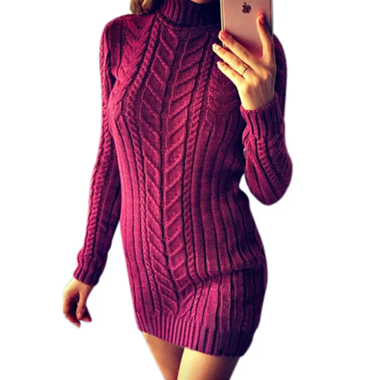 

Ecowalson Hot Fashion Winter Women Slim Fit High Collar Long Sleeve Twist Sweater Sexy Lady Bodycon Dress Mini Dress