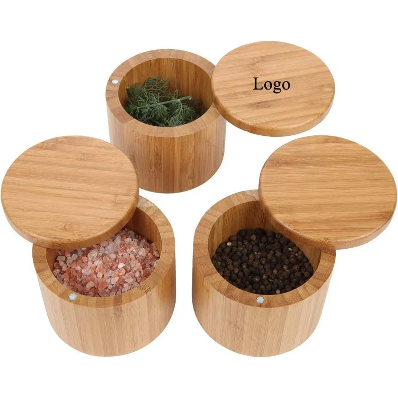 

Hotting Natural Wooden Custom Logo Round Spices Storage Container Spice Jar Organic Bamboo Salt Box With Magnet Swivel Lid