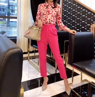 

Women OL Two Pieces Long Sleeves Belt Bow Printed Shirt Ankle Pants Suit Ladies Office Wear Formal Blouse Trousers Suit Set