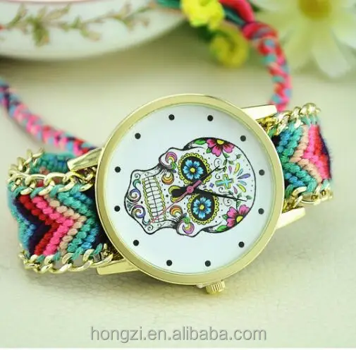 

platinum Watch Women vintage Mexican Catrina Style Skull Fashion wristwatch Lace Golden Braided Chain Reloj