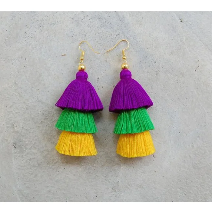 

Wholesale Mardi Gras Tassel Earrings Fringe Earrings, Green, purple, yellow, customized