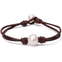 

Single Cultured Freshwater Pearl Bracelet Handmade Leather Pearl Jewelry for Women