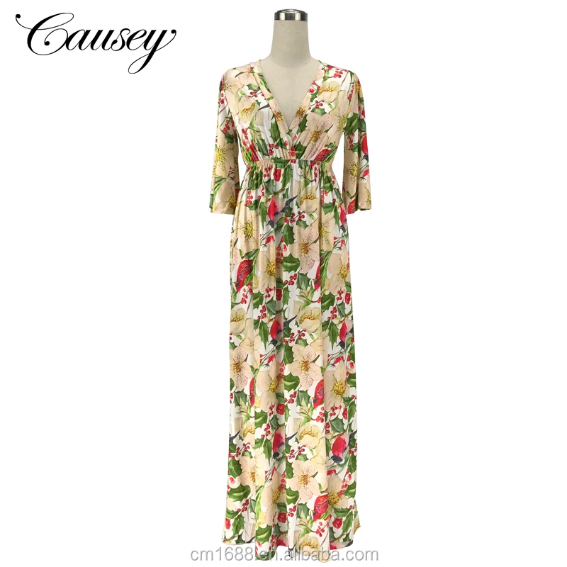 
2018 New Fashion Women Sexy V Neck Half Sleeve Long Dress Pleated Skirt Plus Size 