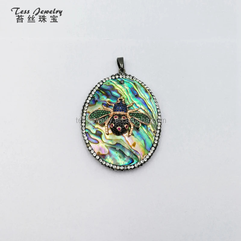 

Natural oval abalone shell jewelry micro CZ paved insect fly pendant for necklace making, Rainbow insect fly pendant