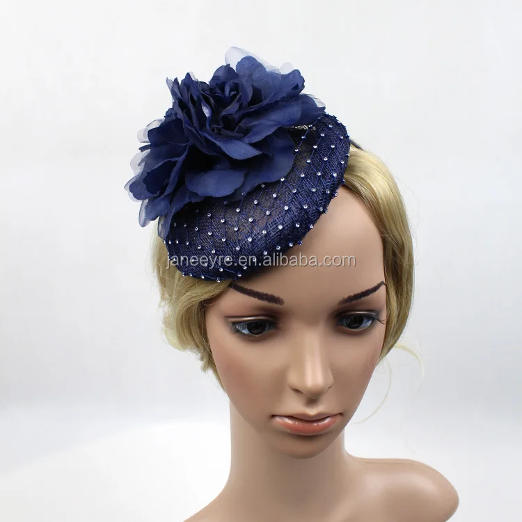 

Navy Flower With Dot Veil Cover Sinamay Base Ornament Headwear Hair Fascinator