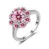 Charming Purple PInk Zircon Fashion Flower Rings For Women White Gold Filled Birthstone Wedding Jewelry